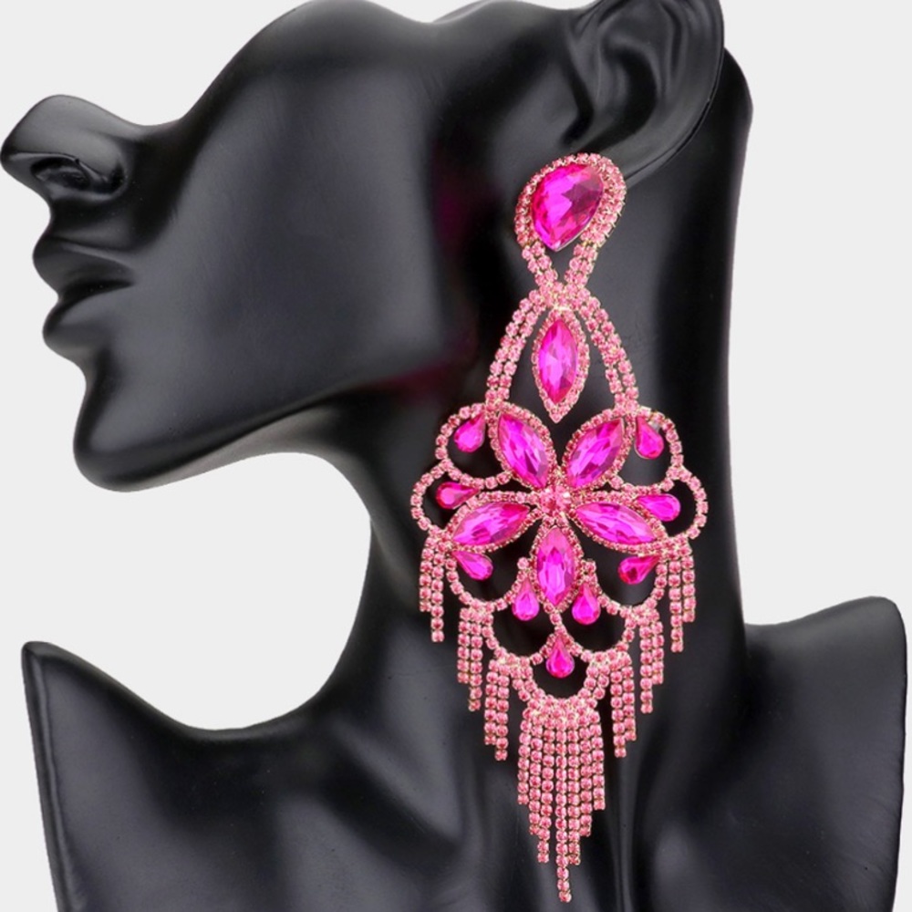 Marquise Stone Flower Accented Chandelier Evening Earrings